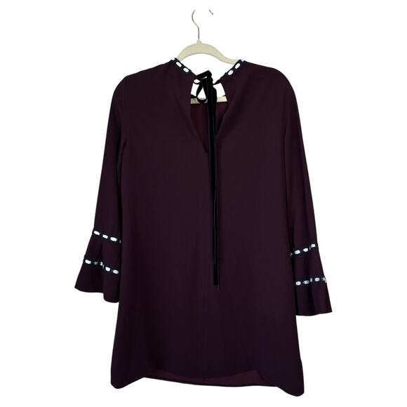 ALEXIS Rustam Ribbon-Trimmed Bell-Sleeve Shift Dress Plum Size Medium Autumn - Picture 4 of 10